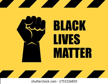 Black Lives Matter inscription with raised hand with clenched fist vector. African american fist icon isolated on a yellow background. Black clenched fist icon. Fist raised in protest vector