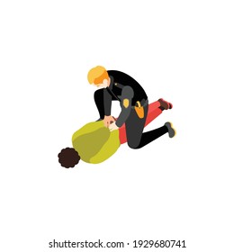 Black lives matter isometric composition with characters of police officer putting handcuffs on black person vector illustration