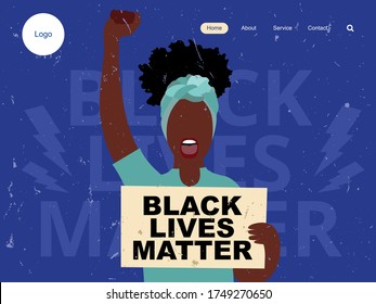 black lives matter landing page. black woman holding paper with text BLACK LIVES MATTER. The social problems of racism. 