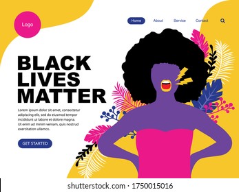 black lives matter landing page with black woman speak up. The social problems of racism. 