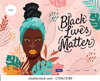 black lives matter landing page with black woman. BLACK LIVES MATTER. The social problems of racism. 