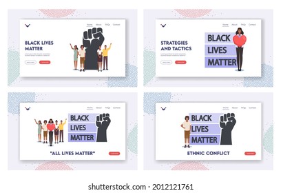 Black Lives Matter Landing Page Template Set. Black Characters with Heart and Raised Hands. Equality Campaign Against Racial Discrimination of Dark Skin Color. Cartoon People Vector Illustration
