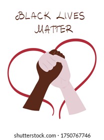 Black Lives Matter lettering with two holding hands of people of different races. Stand up for justice concept. Protest, stay together, fight for better future card, poster or banner template.