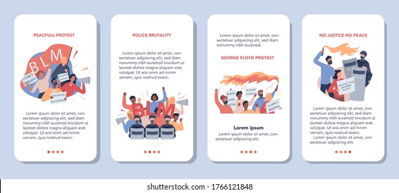 Black lives matter mobile application banner set. Protester call for justice for black people. Police brutality riot. USA demonstration. Isolated vector illustration