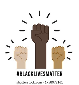 Black lives matter. Multiracial fists hands up. Concept of unity, revolution, no violence. Vector illustration, flat design