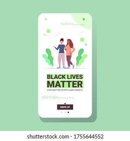 black lives matter multiracial girls standing togeether awareness campaign against racial discrimination of dark skin color support for equal rights of black people smartphone screen vector