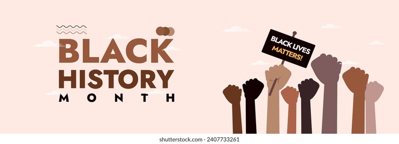 Black Lives Matter. Multiracial human hands raised with sign boards for black history month on a light background cover banner. Black People Rights, diversity, and human rights. Black History Month
