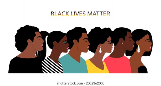 Black lives matter people. Black persons life freedom poster, american blacks humans poverty and death protest, men and women anti racism and violence active concept