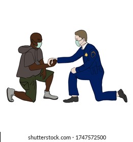 Black Lives Matter. Policeman kneeled, two hands holding. Protest Banner about Human Right of Black People in U.S. America. Vector Illustration. Icon Poster for printed matter and Symbol.l