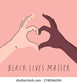 Black lives matter poster, card, banner. Hashtag blm stylised design. Black and white heart hands together concept. Campaign against racial discrimination of dark skin color. Vector Illustration.