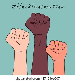 Black lives matter poster card banner. Hashtag blm stylised design. Black and white strong fists rised together concept. Campaign against racial discrimination of dark skin color. Vector Illustration