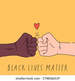 Black lives matter poster, card, banner. Hashtag blm stylised design. Black and white bro fist together concept. Campaign against racial discrimination of dark skin color. Vector Illustration.