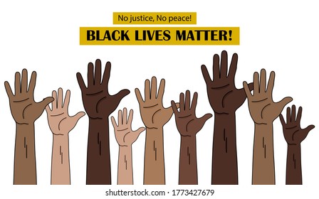 Black lives matter, poster with fists. Black and white strong fists rised together concept. Support for equal rights of black people. Raised fists against Police Brutality