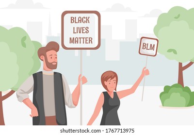 Black lives matter poster with protesting young people. Man and woman holding placards and protest in city park vector flat illustration No racism social movement Activism demonstration concept.