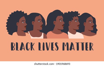 Black Lives Matter Poster With Protesting Multinational People. No Racism Concept In Cartoon Flat Style Isolated On White. Vector Illustration. Black Women And Men On Demonstration Holding Placard. 