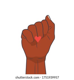 Black lives matter poster. Stop racism. Stop police violence. Protest. Hand clenched into a fist on a white background with a heart. Flat vector illustration.