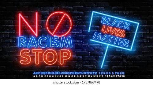 Black Lives Matter-Poster zur Bekämpfung des Rassismus, zur Unterstützung der Demonstration von Protesten gegen die Polizei gegen Gesetzlosigkeit, Gewalt, Hass für soziale Medien, Post, Banner auf Hintergrund aus Ziegelsteinen, Neon-Licht