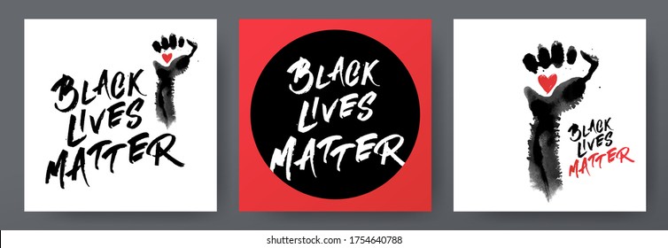 Black lives matter posters set for protest  rally  Awareness campaign against racial discrimination dark skin color  Social advertising  Black raised fist handprint and text Black lives matter 
