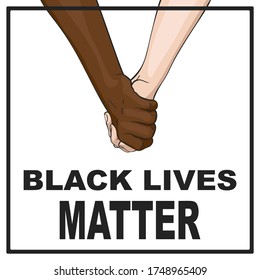Black Lives Matter protest banner with multiracial hands holding. Human right of black people in USA. Vector Illustration