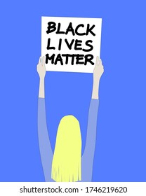 black lives matter protest, blond girl with protest board on blue background 5:4