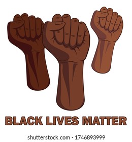 black lives matter protest poster. Black skinned pride fists raised up into air. Equal rights for all races and freedom for african american people. Fight for human rights and justice. Revolution sign