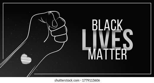 Black Lives Matter protest in USA. Riot poster. Stop violence to black people. Fist symbol with heart on a dark background. Hand draw vector illustration. EPS 10