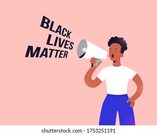 Black lives matter protester, young african american women standing with megaphone speaker and shouting slogan, fighting for human rights and equality concept, vector cartoon character