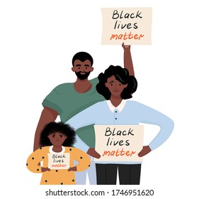 Black lives matter. Sad african american family protesting against racism and police abuse with a banner in her hands. Vector flat illustration for the movement against racism in the police.