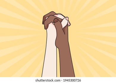 Black lives matter saying concept. Two people of multi ethnic cultures holding hands and raising in unity. Symbol of unity and anti racism vector illustration 