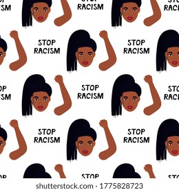Black Lives Matter seamless pattern. African American woman with raised fist. Protest against violence, discrimination. Fight for rights.