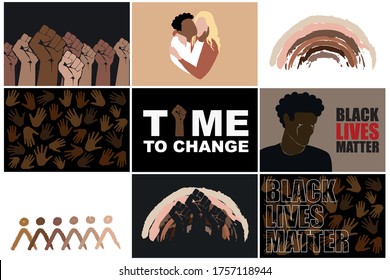 Black lives matter set. Stop racism. Protesting fist, multiracial persons hugging, different hands, man crying, rainbow and abstract people  in different races skin colors. Modern vectors