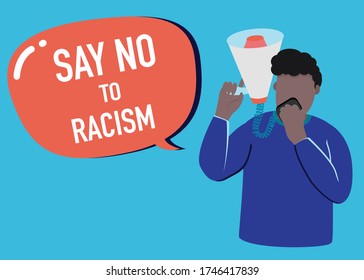 Black Lives Matter / Stand Up To Racism protest rally - one person speak with megaphone say no to racism attended the march in protest of recent killings of black men by U.S. police. vector design.