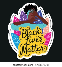 Black Lives Matter sticker with proud fist, black history pride symbol, prejudice and discrimination activism vector illustration, african american, people of color, power, justice, graphic design.