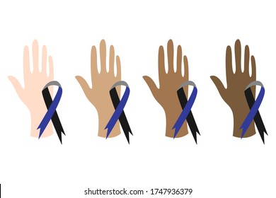 Black Lives Matter. Stop asian hate. Human hands. Symbol of support for law enforcement, awareness ribbon. Social issue, stop racism. Flat vector illustration