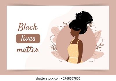 Black lives matter. Stop racism and violence. African woman cartoon character. I can not breathe. Social poster and web banner. Modern vector illustration in flat style.