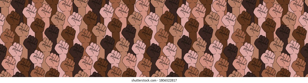 Black lives matter. Stop racism. Many multi colored fist protesting on dark background. Different races hands protest, interracial community unity. Modern vector in flat style. New movement