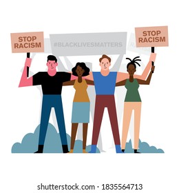 Black lives matter stop racism banners people and shrubs design of Protest theme Vector illustration