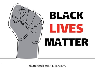 Black lives matter. Strong fist raised up, one line drawing. Continuous line drawing of human hand. Concept of equality. Vector illustration isolated on white for sticker, web, landing page, banner.