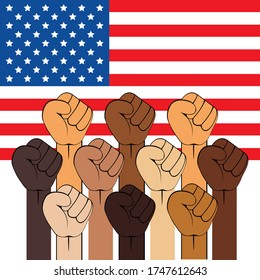 Black Lives Matter. Strong fist raised up the background of the American flag. Concept  colourful illustration protest against racism, discrimination, social inequality. Fight for equal rights