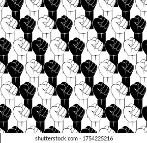 Black Lives Matter. Strong fist raised seamless pattern. Monochrome background protest against racism, discrimination, social inequality. Fight for equal rights people. Right of Black People  in USA