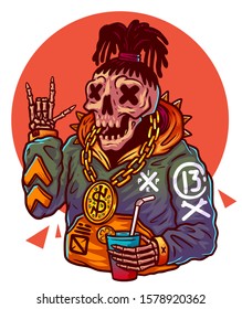 Black lives matter. Swag dead rapper with a plastic cup of alcohol in his hand. Black lives matter. Print for merch. T shirt design. Tee graphics. Vector illustration. Hype Hip hop cartoon character.