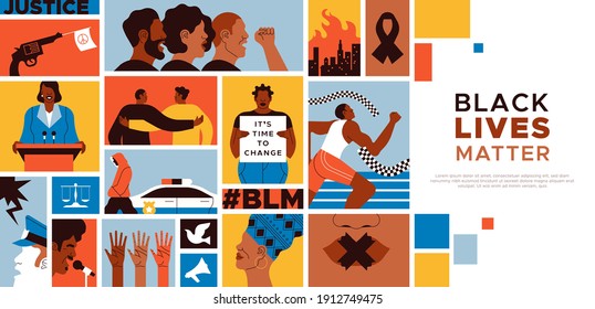 Black lives matter template, flat cartoon mosaic illustration of african american people, social isssues event. Diverse men and women characters fighting for justice and police discrimination. 
