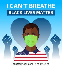 Black Lives Matter text banner with heart shape. I can't breathe. Stop racism. Stop police brutality and violence. Protest against American police in Minneapolis.