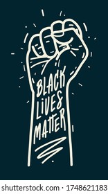 Black lives matter. Text message for protest action. Hand silhouette poster with the phrase Black lives matter. Banner on dark background. Typographic banner design. Vector Illustration.