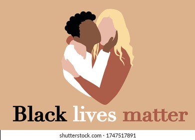 Las vidas negras importan el texto y dos personas multirraciales abrazándose. Vector de colores pastel modernos. La unidad interracial de la comunidad, personas multicolores abrazando. Detengan el racismo, defiendan la igualdad de derechos