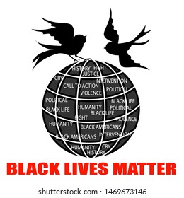 Black lives matter text under global and two birds flying.vector illustration.
