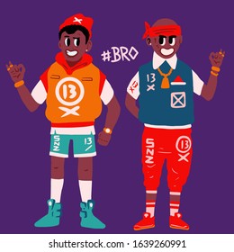 Black lives matter. Two rap friends - afro american bad boys. Brooklyn gangsters. Funny fashinable swag guys. Hip hop bro, rappers. Fashion and street wear. Rap cartoon characters. Vector illustration