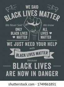 Black Lives Matter typographic poster. We said black lives matter, we never said only black lives matter, we know all lives matter poster. 