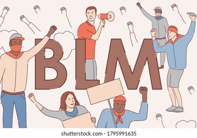 Black lives matter vector cartoon outline banner concept. African American men and women protesting against racism. Tolerance, Human rights of Black people poster concept.