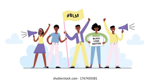Black Lives Matter vector concept with afro american men and women shouting into a megaphone on demonstration holding placard. Poster for racial equality in cartoon flat style isolated on white